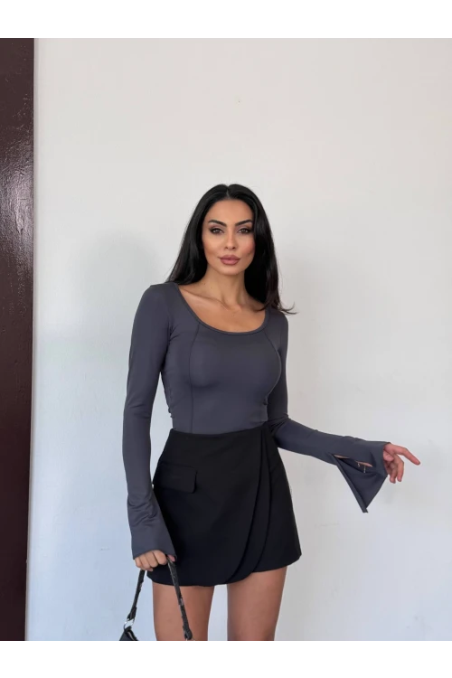 Kadın Antrasit Uzun Kollu Arkası Bağlamalı Fit Kesim Crop Bluz HZL25W-FRY122771