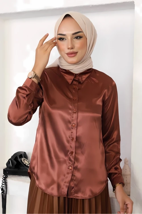 Kadın Bakır Saten Yüzeyli Tesettür Gömlek HZL25W-BD139641