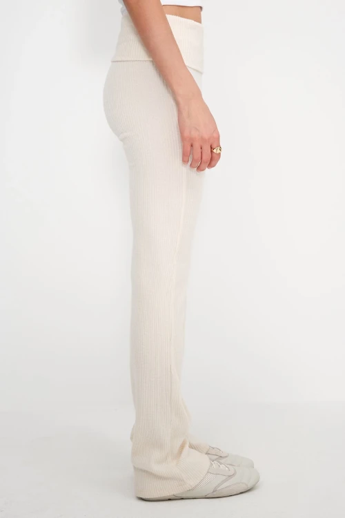 Kadın Bej Bel Katlamalı Fitilli Triko Pantolon HZL25W-ZK1981