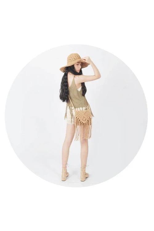 Kadın Bej Beli Lastikli Astarlı Kroşe Şort HZL25-LC251