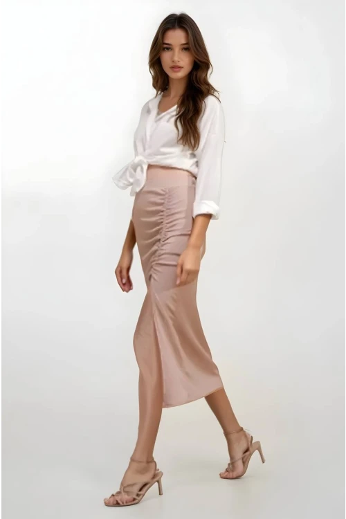 Kadın Bej Beli Lastikli Yırtmaçlı Uzun Etek HZL22S-BD118801