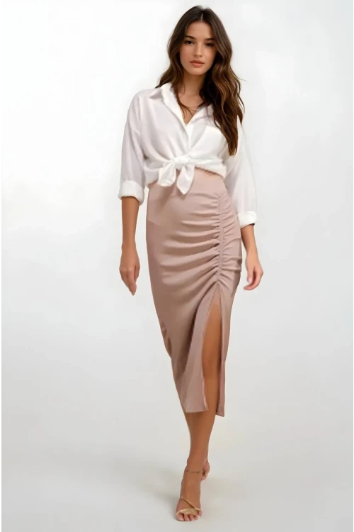 Kadın Bej Beli Lastikli Yırtmaçlı Uzun Etek HZL22S-BD118801