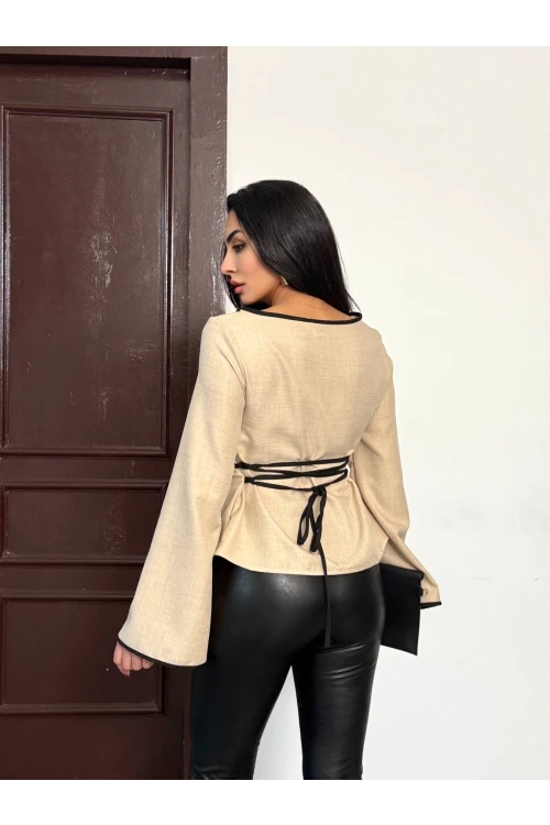 Kadın Bej İp Bağlamalı Biye Detaylı Uzun Kollu Keten Bluz HZL25W-FRY123691