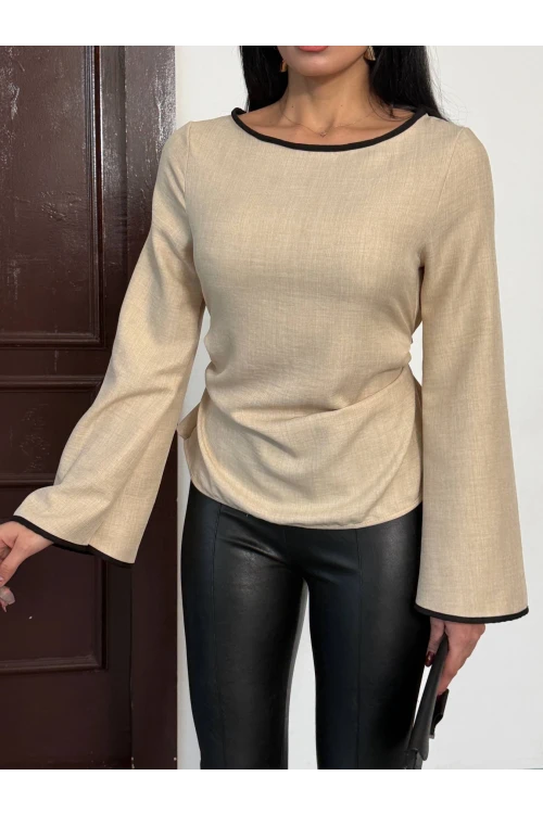 Kadın Bej İp Bağlamalı Biye Detaylı Uzun Kollu Keten Bluz HZL25W-FRY123691