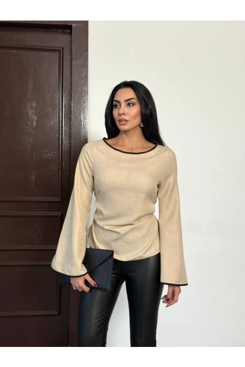 Kadın Bej İp Bağlamalı Biye Detaylı Uzun Kollu Keten Bluz HZL25W-FRY123691