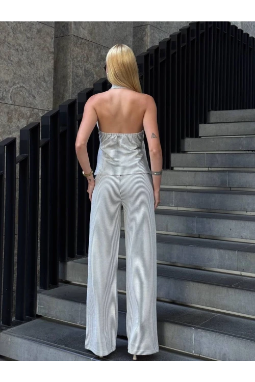 Kadın Bej Çizgili Önü Fermuarlı Bluz Pantolon İkili Takım HZL25S-ZK13691