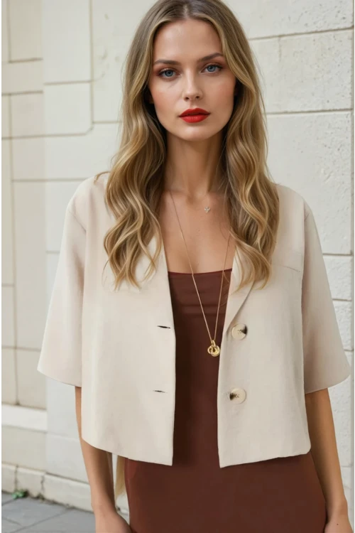 Kadın Bej Kısa Kollu Şal Yaka Düğmeli Mevsimlik Keten Ayrobin Ceket HZL24S-BD107061