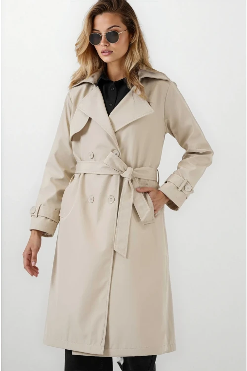 Kadın Bej Kruvaze Yaka Kuşaklı Astarlı Trençkot HZL25W-BD159181