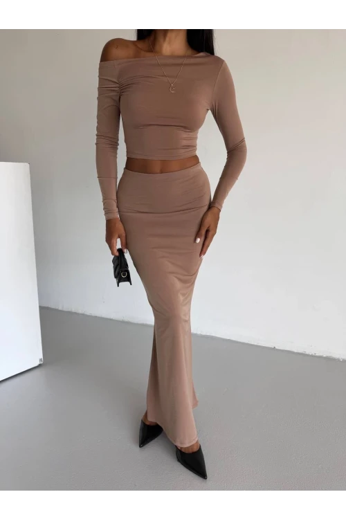 Kadın Bej Tek Omuz Drapeli Sandy Kumaş  İkili Takım HZL25W-FRY122511