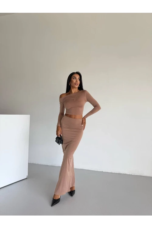 Kadın Bej Tek Omuz Drapeli Sandy Kumaş  İkili Takım HZL25W-FRY122511