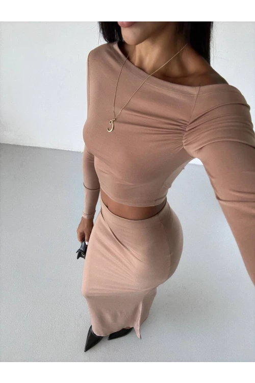 Kadın Bej Tek Omuz Drapeli Sandy Kumaş  İkili Takım HZL25W-FRY122511