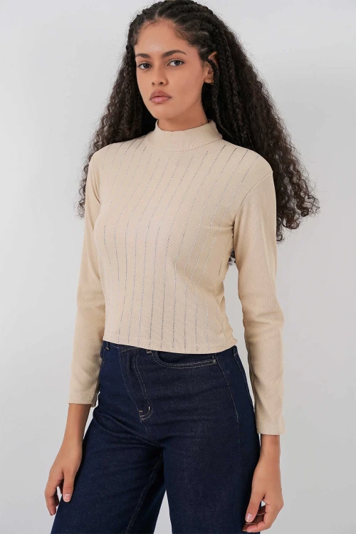 Kadın Bej Yarım Balıkçı Önü Taşlı Body HZL25W-BD19221