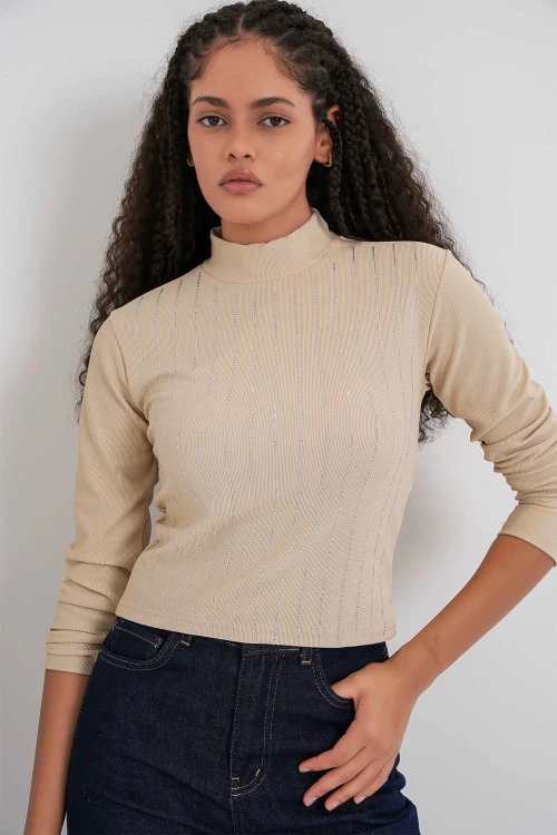 Kadın Bej Yarım Balıkçı Önü Taşlı Body HZL25W-BD19221