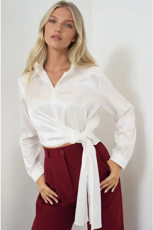 Kadın Beyaz Bağlama Detaylı Saten Yüzeyli Gömlek HZL25S-BD1202871