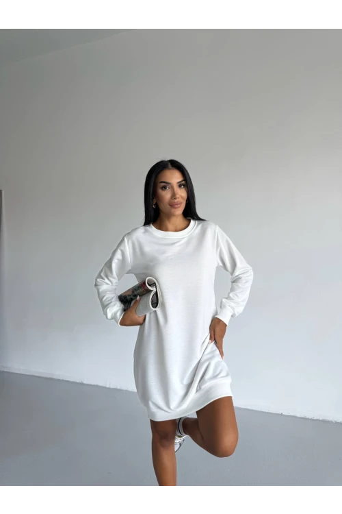 Kadın Beyaz Bisiklet Yaka 2 iplik Günlük Rahat Elbise HZL25W-FRY123451