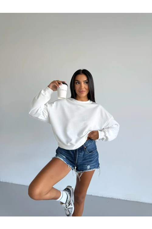 Kadın Beyaz Bisiklet Yaka 2 İplik Sweatshirt HZL25W-FRY123391