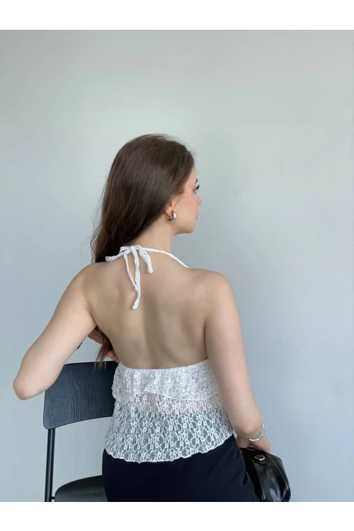 Kadın Beyaz Boyundan Bağlamalı Sırt Dekolteli Dantel Bluz HZL25S-ZK13241