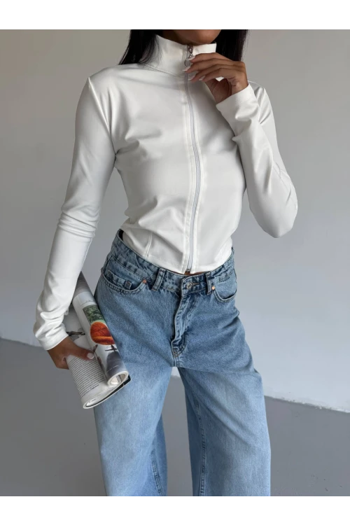 Kadın Beyaz Dalgıç Kumaş Fermuar Kapamalı Parmak Geçirmeli Sweatshirt HZL25W-FRY123441