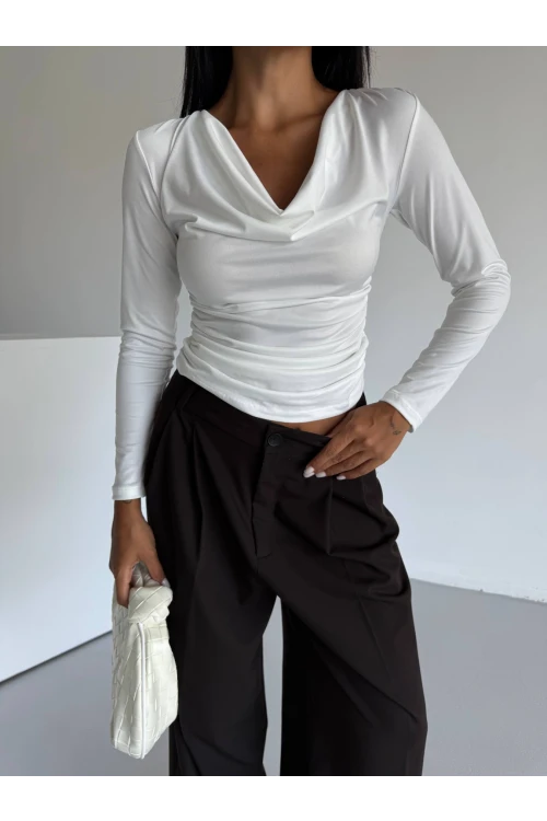 Kadın Beyaz Degaje Yaka Yandan Büzgülü Uzun Kol Sandy Bluz HZL24W-FRY122481