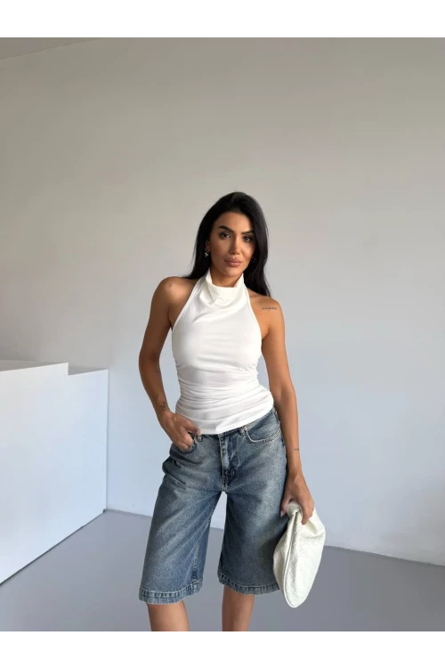 Kadın Beyaz Halter Yaka Sırtı Açık Sandy Bluz HZL25S-FRY123141