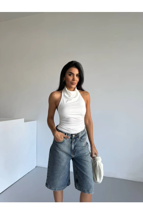 Kadın Beyaz Halter Yaka Sırtı Açık Sandy Bluz HZL25S-FRY123141