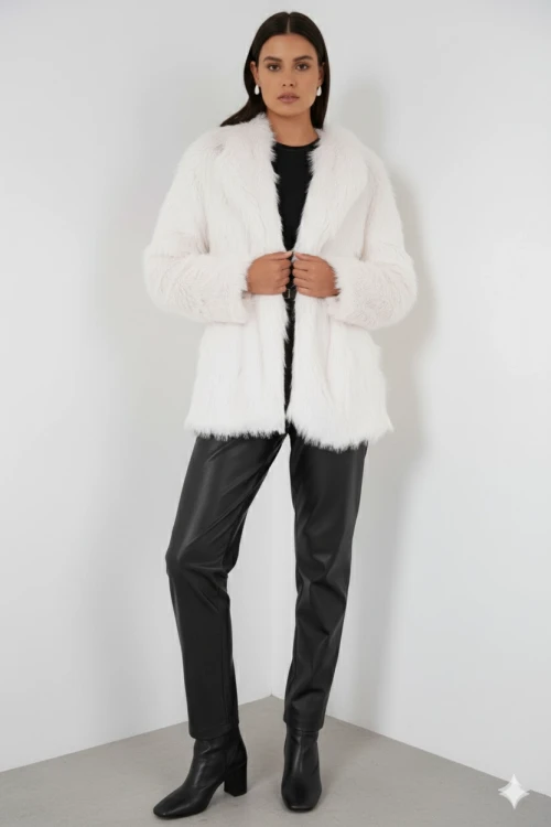 Kadın Beyaz Kemer Detaylı Astarlı Peluş Kürk Mont HZL25W-BD191561
