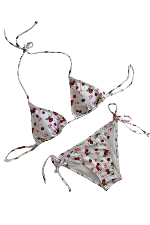 Kadın Beyaz Kiraz Temalı Boyundan İp Bağlamalı Üçgen Bikini Takımı HZL25S-LC5005