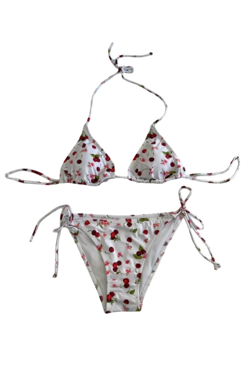 Kadın Beyaz Kiraz Temalı Boyundan İp Bağlamalı Üçgen Bikini Takımı HZL25S-LC5005