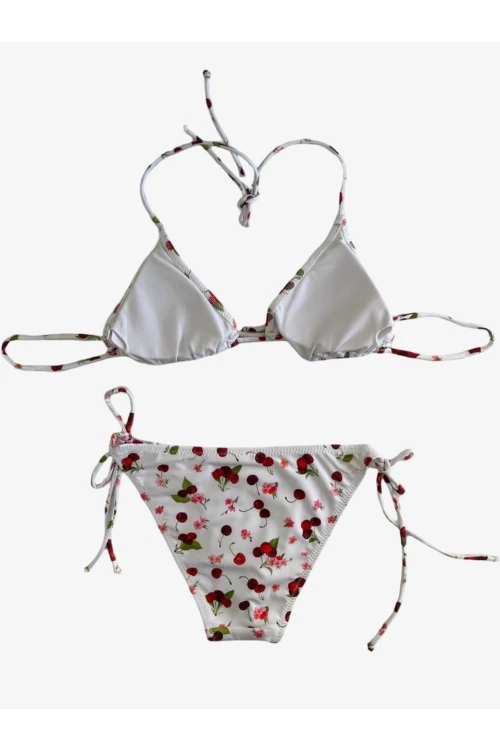 Kadın Beyaz Kiraz Temalı Boyundan İp Bağlamalı Üçgen Bikini Takımı HZL25S-LC5005