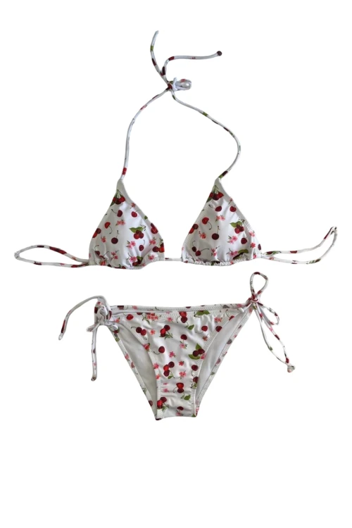 Kadın Beyaz Kiraz Temalı Boyundan İp Bağlamalı Üçgen Bikini Takımı HZL25S-LC5005