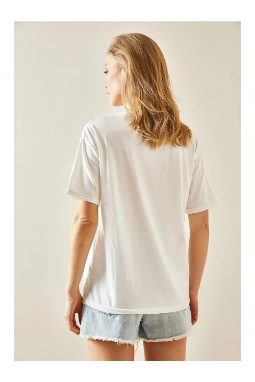 Kadın Beyaz Pembe Arizona Baskılı Bisiklet Yaka T-Shirt HZL24S-DSB120261