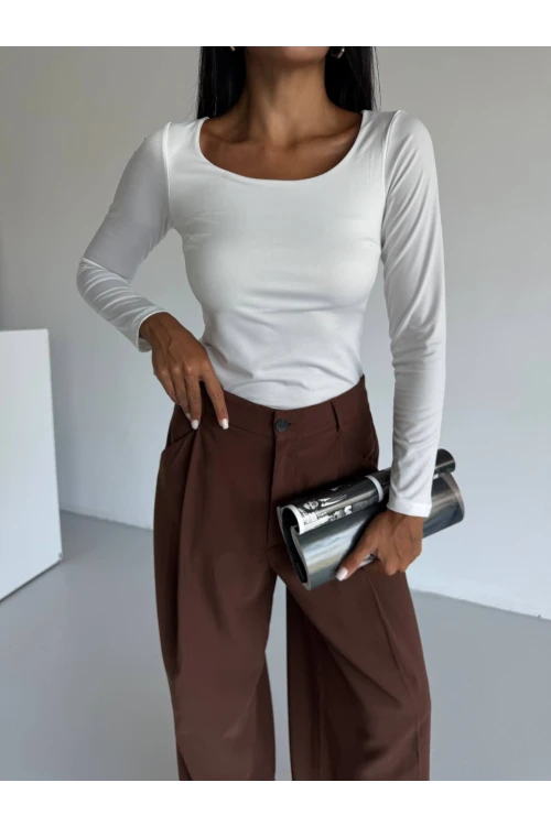 Kadın Beyaz U Yaka Uzun Kollu Sandy Bluz HZL25S-FRY122471