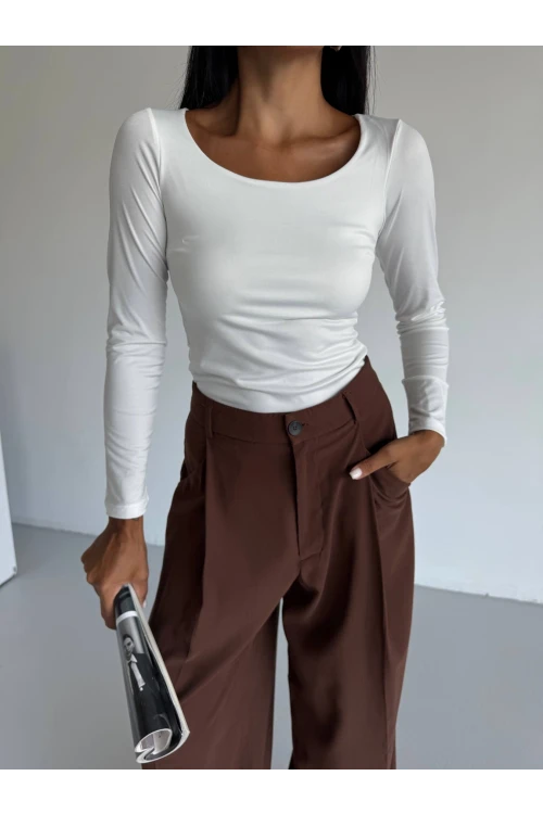 Kadın Beyaz U Yaka Uzun Kollu Sandy Bluz HZL25S-FRY122471