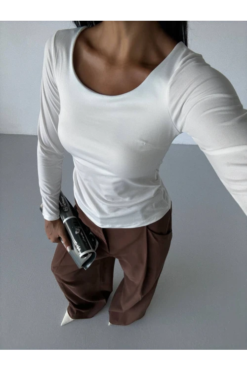 Kadın Beyaz U Yaka Uzun Kollu Sandy Bluz HZL25S-FRY122471