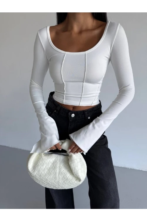 Kadın Beyaz Uzun Kollu Arkası Bağlamalı Fit Kesim Crop Bluz HZL25W-FRY122771
