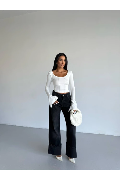 Kadın Beyaz Uzun Kollu Arkası Bağlamalı Fit Kesim Crop Bluz HZL25W-FRY122771