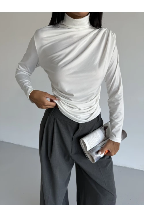 Kadın Beyaz Uzun Kollu Drape Detaylı Boğazlı Sandy Bluz HZL25W-FRY123301