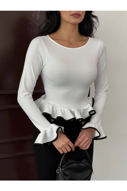 Kadın Beyaz Uzun Kollu Volanlı ve Biyeli Dalgıç Kumaş Bluz HZL25W-FRY123651