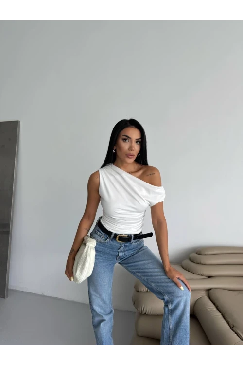 Kadın Beyaz Yandan Drapeli Kayık Yaka Sandy Bluz HZL25S-FRY123201