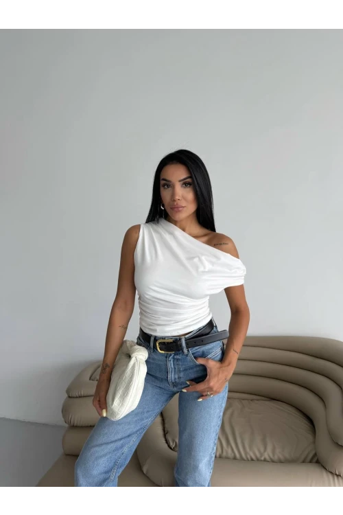 Kadın Beyaz Yandan Drapeli Kayık Yaka Sandy Bluz HZL25S-FRY123201