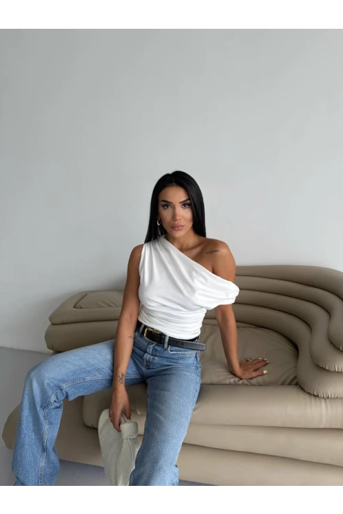 Kadın Beyaz Yandan Drapeli Kayık Yaka Sandy Bluz HZL25S-FRY123201