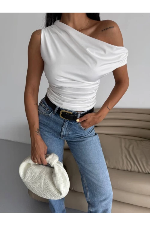 Kadın Beyaz Yandan Drapeli Kayık Yaka Sandy Bluz HZL25S-FRY123201