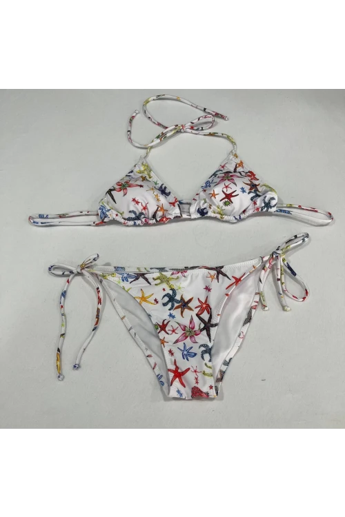 Kadın Beyaz Yıldız Temalı Boyundan İp Bağlamalı Üçgen Bikini Takımı HZL25S-LC5005