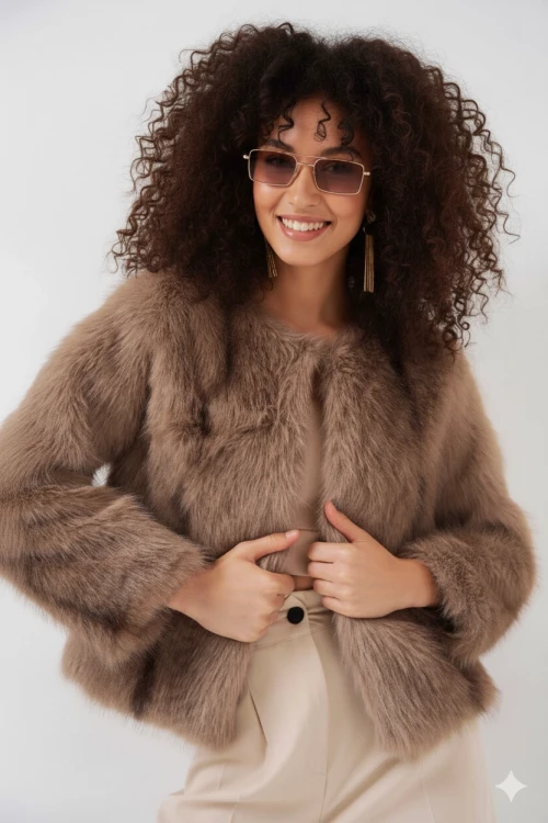 Kadın Bisküvi İçi Astarlı Peluş Kürk Mont HZL25W-BD152251