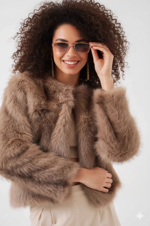 Kadın Bisküvi İçi Astarlı Peluş Kürk Mont HZL25W-BD152251