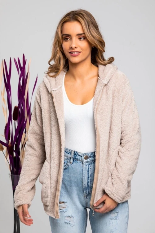 Kadın Bisküvi Welsoft esnek kumaş Peluş Yumoş Önü Fermuarlı Kapüşonlu Ceket HZL23W-DSB110081