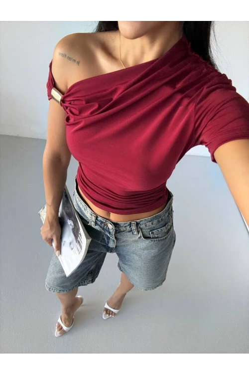 Kadın Bordo Asimetrik Drapelim Omuz Aksesuarlı Sandy Bluz HZL25S-FRY123231