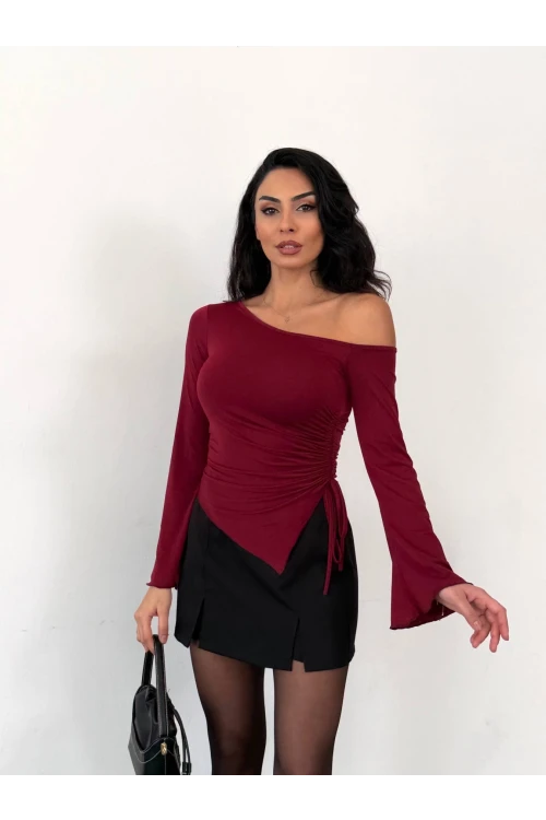 Kadın Bordo Asimetrik Kesim İspanyol Kol Beli Büzgülü Sandy Bluz HZL25W-FRY123591