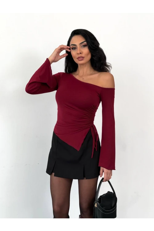 Kadın Bordo Asimetrik Kesim İspanyol Kol Beli Büzgülü Sandy Bluz HZL25W-FRY123591