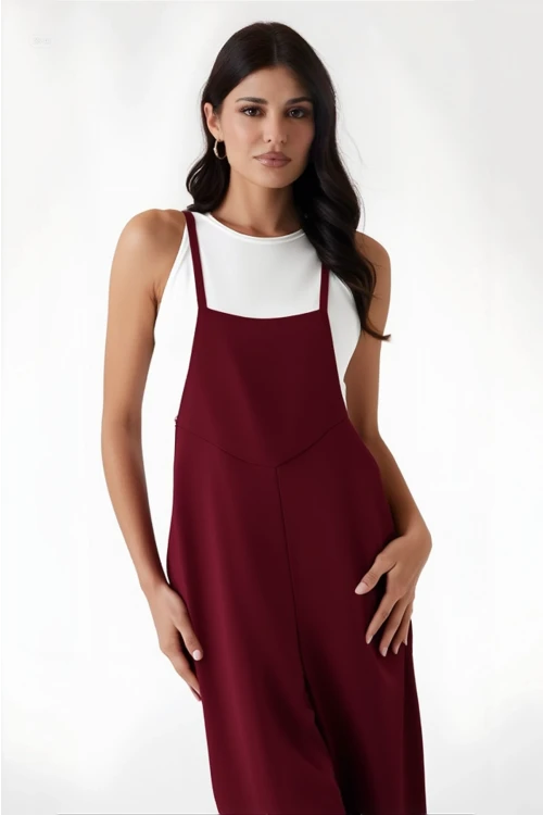 Kadın Bordo Ayarlanabilir Askılı Cepli Bol Paça Bahçıvan Tulum Hzl22s-bd170191